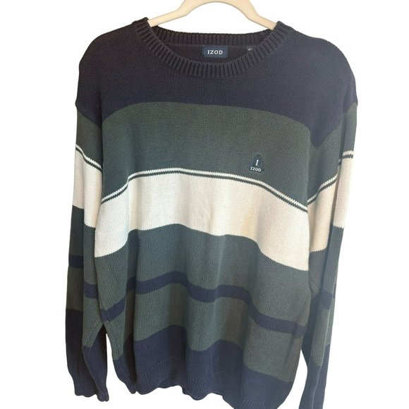 Izod Blue Green Multicolored Embroidered Logo Long Sleeve Sweater Men's SZ Large - Picture 4 of 5